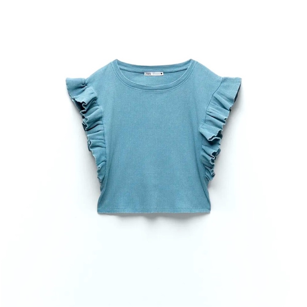 NWT Zara Teal Ribbed Ruffle Shirt